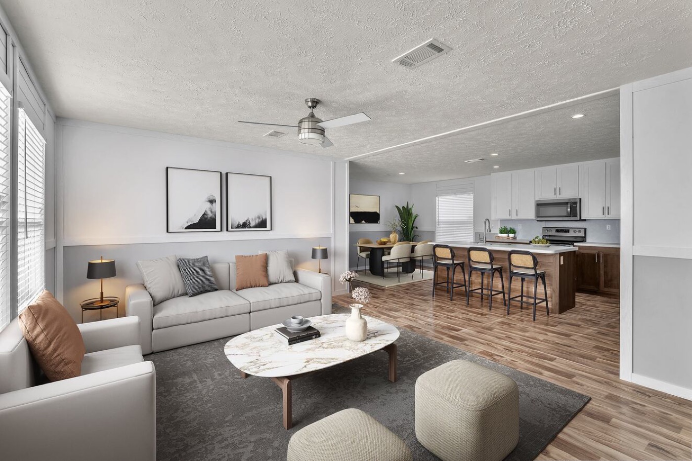 Brand-new 3-bedroom double-wide interior — open living and island kitchen